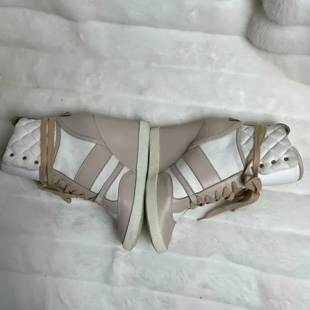 Chloe high top wedge sneakers in white suede and tan leather trim size E…